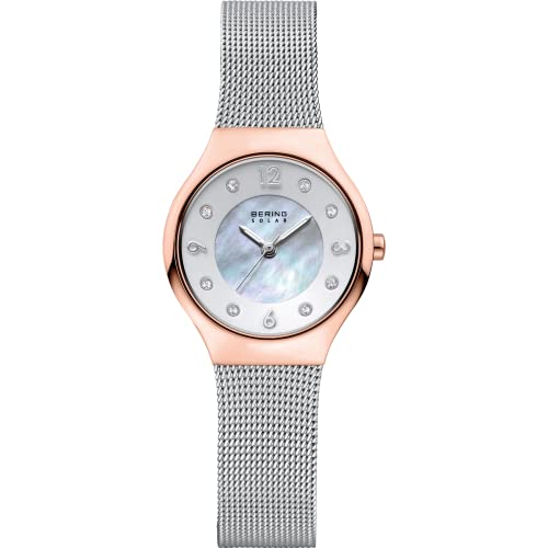 BERING Women's Solar Watch | 27mm Case | Wristwatch with Rose Gold Case | White Dial | Silver Milanese Strap | 5 ATM | 14427-060