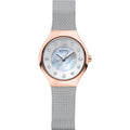 BERING Women's Solar Watch | 27mm Case | Wristwatch with Rose Gold Case | White Dial | Silver Milanese Strap | 5 ATM | 14427-060