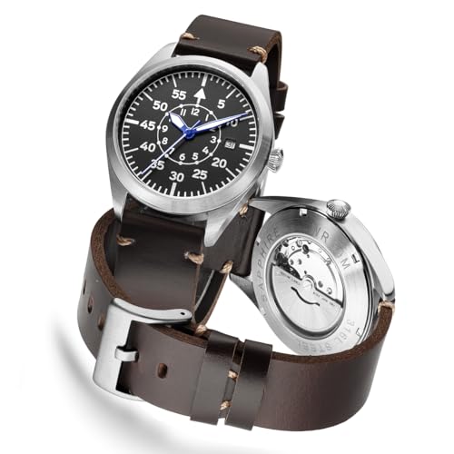 Boyarca Pilot Watch Men's Aviator Wrist Watch Japan Automatic Movement Retro Mechanical Watches Stainless Steel Case with Luminous Waterproof (Brown B)