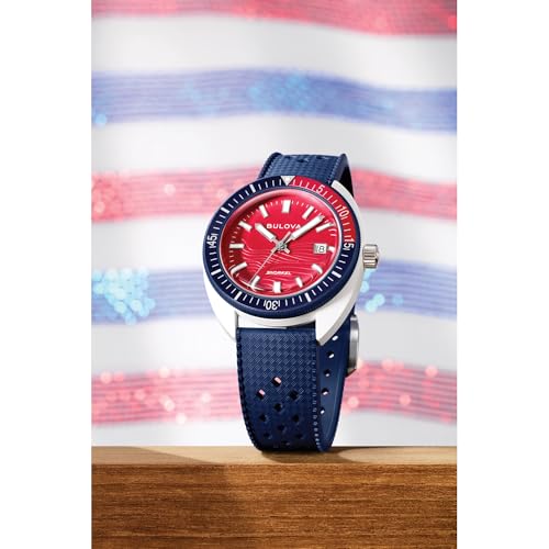 Bulova Men's Snorkel - America's 250th Sail 4th Special Edition: 41mm White Hybrid-Ceramic Case with a Blue Rubber Strap & Red Dial (Style: 98B474)