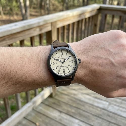 Timex Men's Expedition Scout 40mm Watch – Cream Dial Black Case & Brown Leather Strap