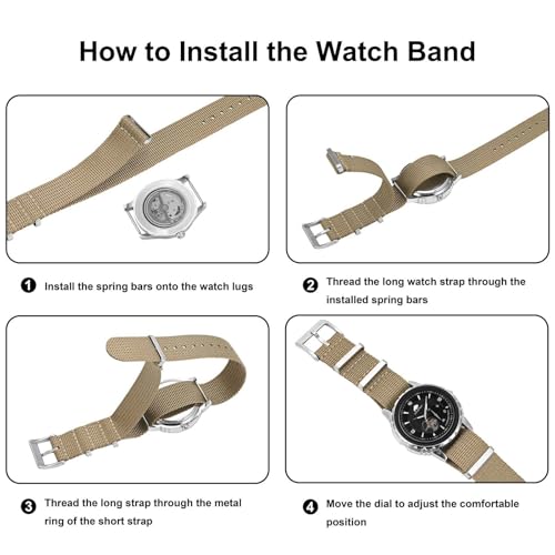 BISONSTRAP Nylon Watch Bands for Men, One-Piece Military Watch Straps, 20mm, Khaki Tan (Silver Buckle)