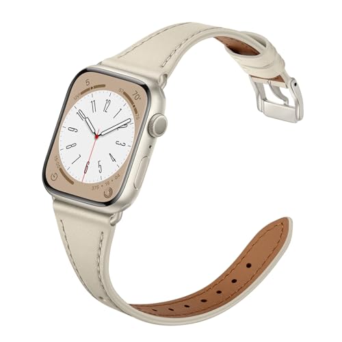 XCCYBTT Slim Leather Bands Compatible with Apple Watch Band 42mm 41mm 40mm 38mm, Genuine Leather Replacement Strap for iWatch Series 11/10/9/8/7/6/5/4/3/2/1 SE 3/2/1 Women, Starlight/Starlight