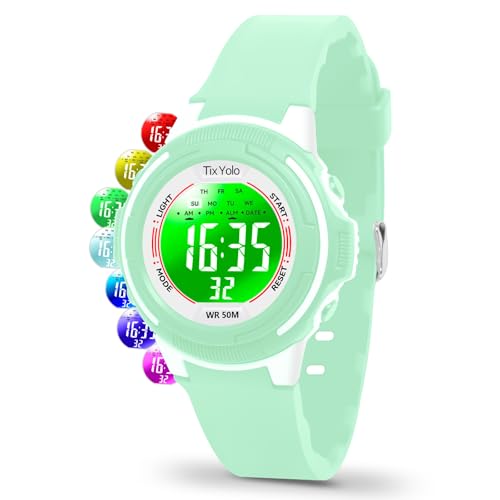 TixYolo Digital Kids Watch with 7 Color Lights 50M Waterproof,Alarm,Stopwatch,Soft Strap,Children Gifts Sports Watch for Boys Girls 5-12 Years(Green)