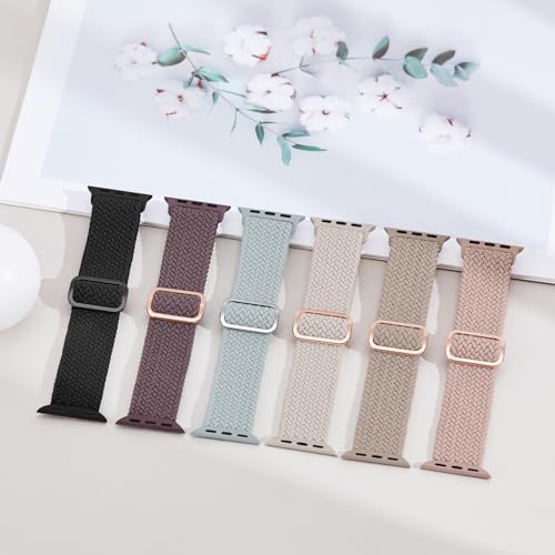 6 Pack Braided Stretchy Bands Compatible with Apple Watch Band 38mm 40mm 41mm 42mm 44mm 45mm 46mm 49mm Women Men, Adjustable Nylon Solo Loop Elastic Straps for iWatch Series 11 10 9 8 7 6 5 4 SE Ultra