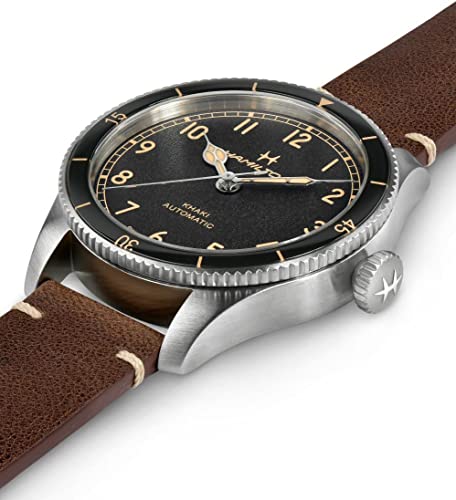 Hamilton Khaki Aviation Automatic Men's Watch, 38mm Stainless Steel Case, Swiss Made, Black Dial Analog Wrist Watch for Men, 100m Waterproof, Sapphire Crystal, 3-Hand Movement, Cow Leather Strap