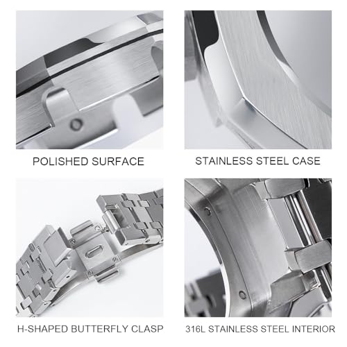 GA2100 Stainless Steel Watch Band Case Mod Kit, Smooth Bezel without Nails Metal Strap Accessories Compatible with Casio Mens G-Shock GA2100/GA-2110 Watches (Silver)