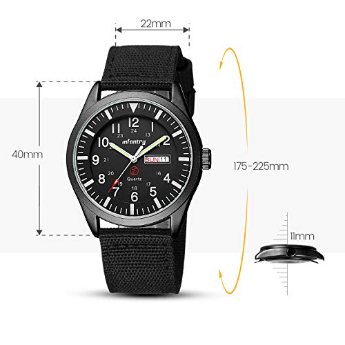 Infantry Mens Military Watch - Field Tactical Army Watch for Men with 12/24 Hour Time, Day Date, 5ATM Waterproof Analog Quartz Wristwatch, Durable Nylon Band for Outdoor Work Sport Black