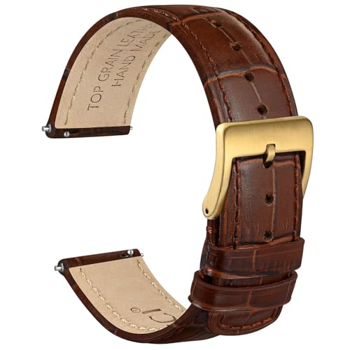 WOCCI 20mm Watch Band, Top Grain Leather, Embossed Alligator Grain, Quick Release, Golden Buckle (Brown)