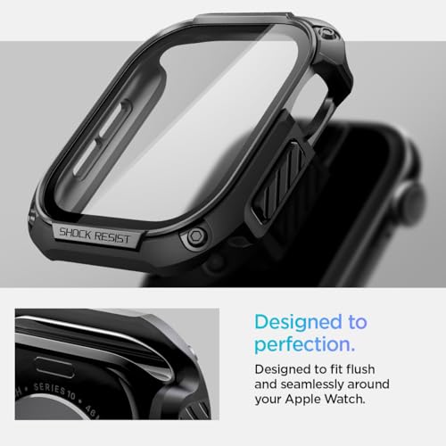 Spigen for Apple Watch Series 11 Case, Built-in Touch Sensitive Tempered Glass Screen Protector Durable Full Coverage Cover Tough Armor Compatible with Series 11/10 46mm - Black