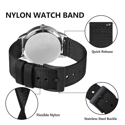 BISONSTRAP Men’s Nylon Watch Bands, Two-Piece Military Watch Straps, Quick Release, Brushed Buckle, 20mm, Black (Black Buckle)