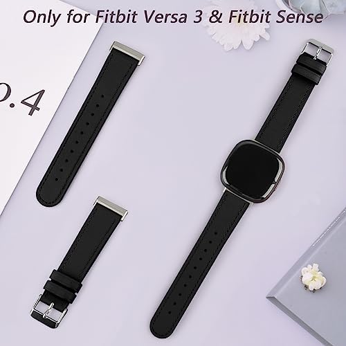 Meliya Leather Bands Compatible with Fitbit Versa 4 Bands/Fitbit Versa 3 Bands/Sense 2 Bands/Fitbit Sense Watch Bands for Women Men, Classic Genuine Leather Wristband Straps (Black)