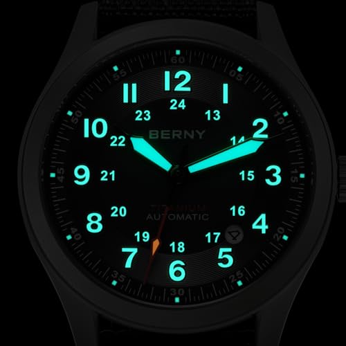 BERNY Automatic Titanium Watch for Men 10ATM Waterproof Men's Field Watch Super Luminous Male Analog Mechanical Military Wrist Watch AR Sapphire Crystal Date Calendar Birthday Present
