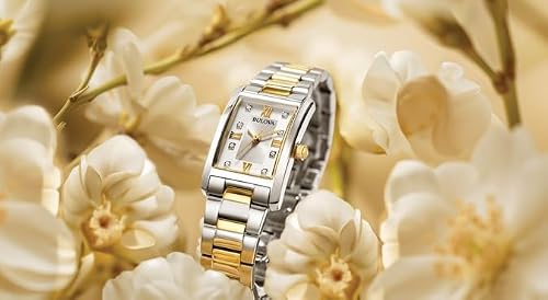 Bulova Ladies' Classic Diamond Two-Tone Stainless Steel 3-Hand Quartz Watch, Rectangle Silver Dial Style: 98P205