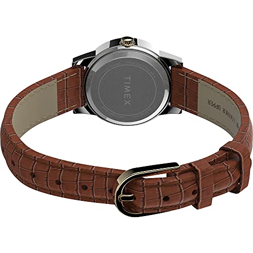 Timex Women's Essex Avenue 25mm Watch – Two-Tone Case White Dial with Brown Leather Strap