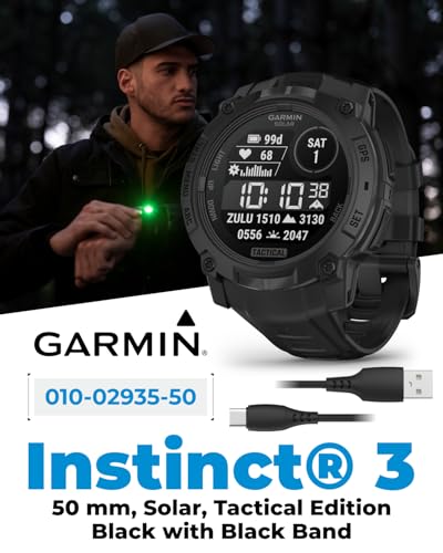Wearable4U Garmin Instinct 3 Tactical Edition, Solar Charging Display, 50mm, Rugged Outdoor GPS Smartwatch, Applied Ballistics Support, LED Flashlight, Multi-Band GPS White Earbuds Bundle