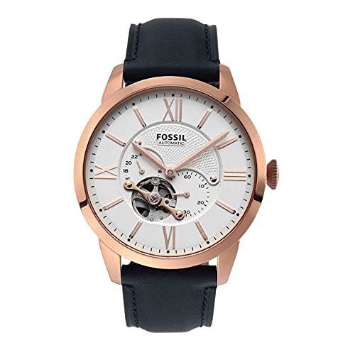 Fossil Men's Watch, Townsman Automatic Stainless Steel and Leather Two-Hand Skeleton Watch, Color: Rose Gold/Navy