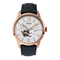 Fossil Men's Watch, Townsman Automatic Stainless Steel and Leather Two-Hand Skeleton Watch, Color: Rose Gold/Navy