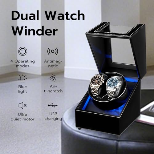 Mcbazel Watch Winder with Led Light, Dual Watch Winder Box for Automatic Watches, Ultra-Quiet Motor, 5 Rotation Modes, Gifts for Men, Beloved, Women - Black