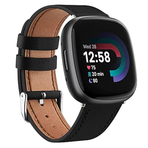 Meliya Leather Bands Compatible with Fitbit Versa 4 Bands/Fitbit Versa 3 Bands/Sense 2 Bands/Fitbit Sense Watch Bands for Women Men, Classic Genuine Leather Wristband Straps (Black)