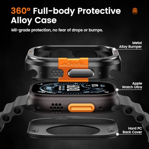 LETOID 3 in 1 Metal Case for Apple Watch Ultra 3 /Ultra 2 /Ultra Screen Protector 49mm, Stainless Steel Protective Bumper, Hard PC Back Cover and 9H Tempered Glass Film for iWatch Ultra - Black