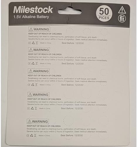 Milestock 50-pcs 1.5V Alkaline Button Cell Battery Assortment AG3 LR41 392, AG4 LR626 377, AG5 LR754 393, AG10 LR1130 389, AG13 LR44 357 Coin Batteries for LED Lights, Musical Books, Watches, RC