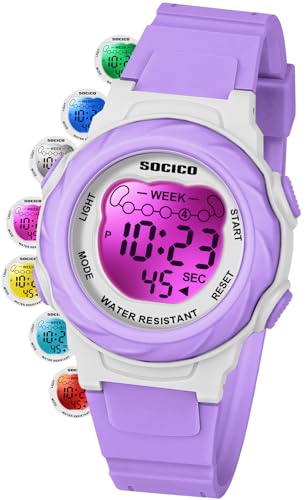SOCICO Kids Digital Watches for Girls Boys, 7 Color Lights, 5 ATM Waterproof Watches for Kid with Alarm Stopwatch, Soft Band Wrist Watch for Kids Ages 5-12 (Purple)