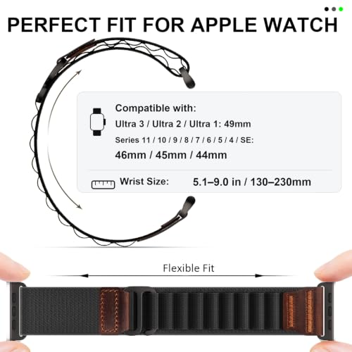 MRAIN-H Leather Design Compatible with Apple Watch Bands Ultra 3 2 1 (49mm) & Series 11 10 9 8 7 6 5 4 SE 3 2 1 (46mm 45mm 44mm), Soft Stretchy Nylon Sport Band for iWatch Men Women