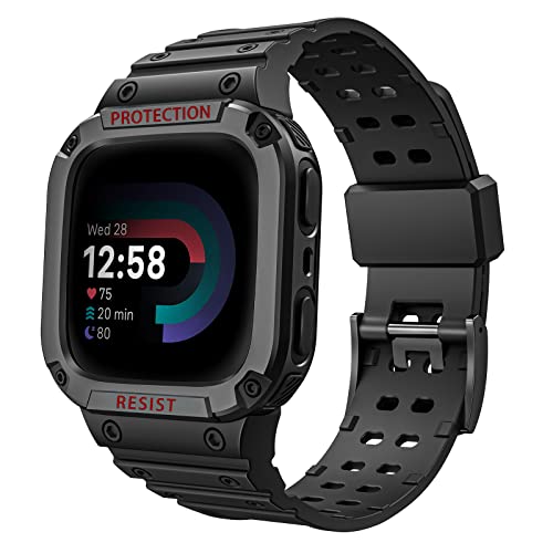 Fintie Bands with Case Compatible with Fitbit Versa 4/3/2/1/Versa Lite/Fitbit Sense 2/Sense, Protective Case Strap Rugged Sport Band Men, Black