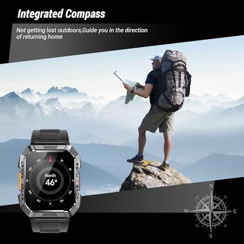 Military Smart Watch for Men (Answer/Make Calls), 2.01'' Smart Watch for Android and iPhone, Fitness Tracker with Flashlight/Compass/100 Days Battery/Heart Rate/Sleep/100+ Sport Modes(2 Straps)