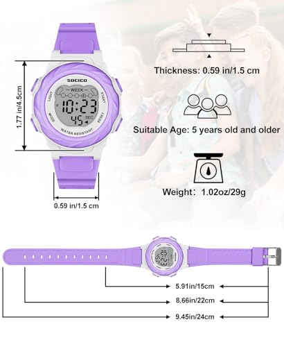 SOCICO Kids Digital Watches for Girls Boys, 7 Color Lights, 5 ATM Waterproof Watches for Kid with Alarm Stopwatch, Soft Band Wrist Watch for Kids Ages 5-12 (Purple)