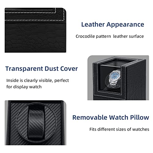 Mcbazel Single Watch Winder, Ultra Quiet Japanese Motor Automatic Watch Winder Box with Multiple Rotation Modes, Premium Watch Winder for Automatic Watches (AC/ Battery Powered) - Black with Crocodile Pattern