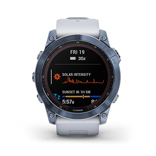 Garmin Fenix 7X Sapphire Solar, Adventure Smartwatch, w/Solar Charging Capabilities, Rugged Outdoor GPS Watch, Touchscreen, Wellness Features, Mineral Blue Titanium w/Whitestone Band (Renewed)