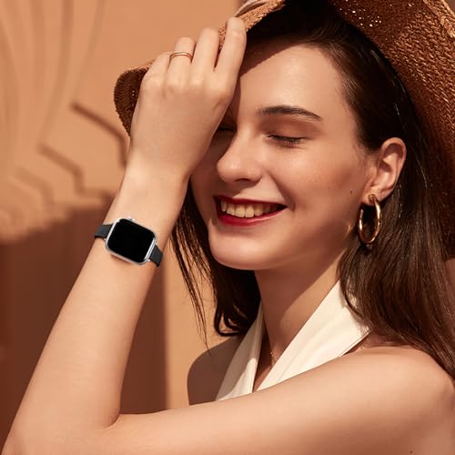 Charlam Slim Leather Band Compatible with Apple Watch Band 40mm 38mm 41mm 42mm 44mm 45mm 46mm Women,Top Grain Genuine Leather Strap Thin Wristband for iWatch Series 11 10 9 8 7 6 5 4 3 2 1 SE 3,Black