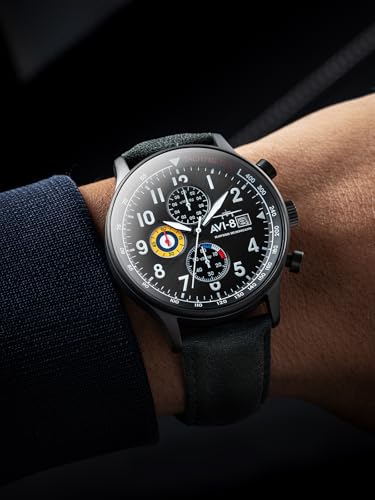 AVI-8 Hawker Hurricane Men's Pilot Watch – Classic Chronograph, Japanese Quartz Movement, 43.5mm Stainless Steel Case, Leather Strap, AV-4011-0D - Military Green