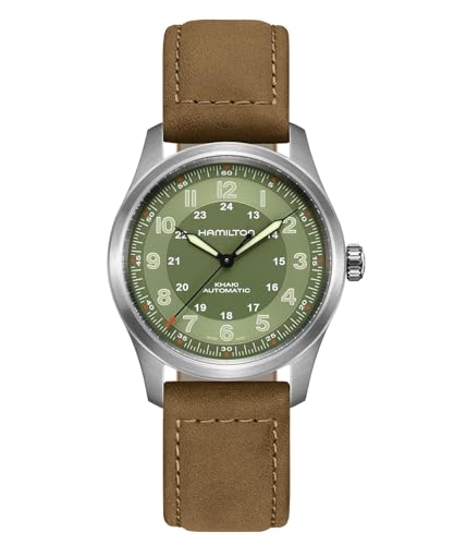 Hamilton Khaki Field Titanium Automatic Men's Watch, 38mm Titanium Case, Swiss Made, Green Dial Analog Wrist Watch for Men, 100m Waterproof, Sapphire Crystal, 3-Hand Movement, Cow Leather Strap