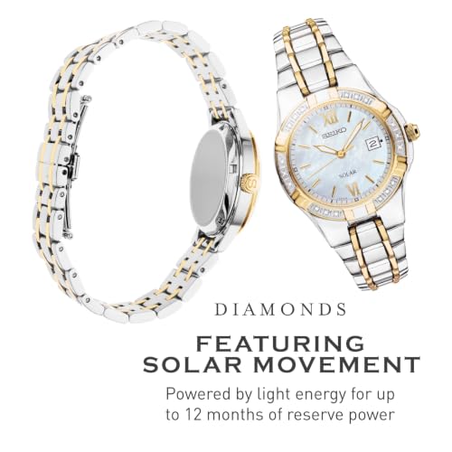 SEIKO SUT068 Watch for Women - Diamond Collection - with 18 Diamond Accents, Solar Power, Mother-of-Pearl Dial, Two-Tone Gold Stainless Steel Case & Bracelet, and Water-Resistant to 50m