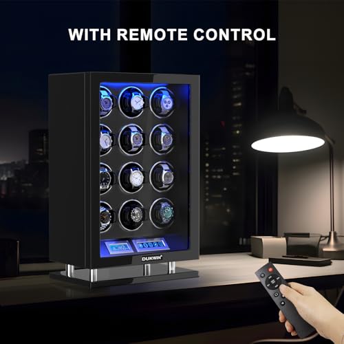DUKWIN Watch Winder for 12 Automatic Watches, Fingerprint Lock Watch Winders with LCD Touchscreen, Blue LED Light, Remote Control,Adjustable Pillow and Quiet Motor for Universal Watches, 5TPD