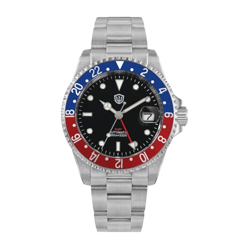 watchdives GMT Watches for Men WD0014 Dual Time Zone Dive Watch NH34 Automatic Vintage Wristwatch 40mm Aluminum Bezel (Black White/Red Blue)