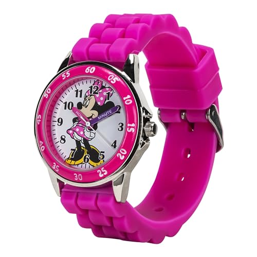Disney Minnie Mouse Kids' Time Teacher Watch – Pink Rubber Strap, Easy-Read Analog Dial with Minnie Artwork, Enamel Bezel, Educational Watch for Girls – Fits Wrists 5.5" to 8"