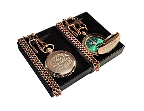 1 Engraved Pocket Watch - Comes with Fitted Custom Box, Chain and Engraving - Green dial with Silver Roman Numerals - Personalized Wedding Gifts (Rose Gold)