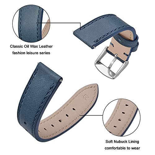 ANNEFIT Watch Band 17mm with Stainless Silver Buckle - Classic Oil Wax Leather Quick Release Watch Strap (Blue)