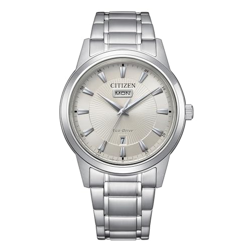 CITIZEN Men's Eco-Drive Dress Classic Watch, Silver-Tone Stainless Steel Bracelet, Ivory Dial, 3 Hand, Day/Date (Model: AW0100-86B)