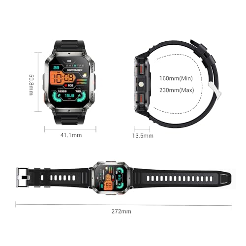 Military Tactical Smart Watches for Men, 100-Day Battery Rugged Fitness Watch with Compass & Flashlight, Sports Watch for Android with 2.01" HD Display AI Voice, IP68 Waterproof Smartwatch (Black)