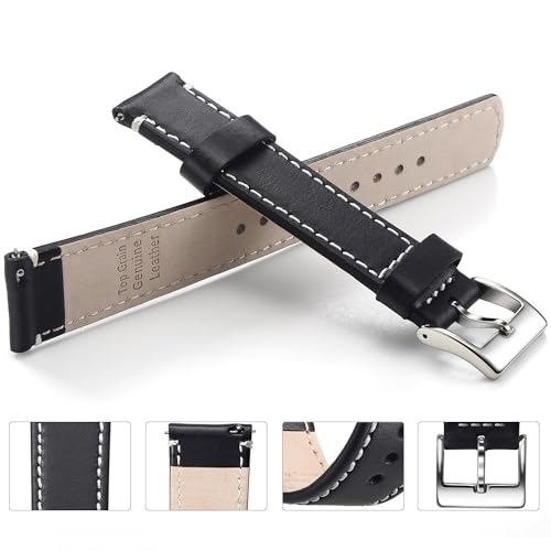 Artthurse Top Grain Leather Watch Band, Quick Release Genuine Leather, 18mm 20mm 22mm Watch Strap for Men and Women (Black White/Silver, 20mm)