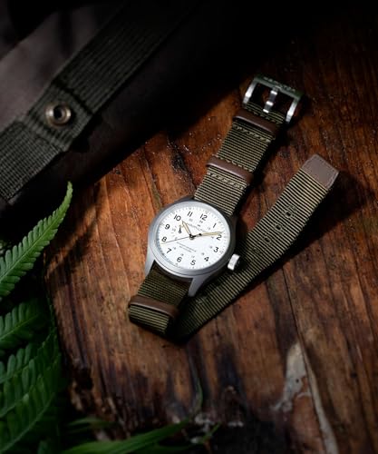 Hamilton Khaki Field Mechanical Mens Watch, 40mm Stainless Steel Case, Swiss Made, White Dial Analog Wrist Watch for Mens 100 Meters Water resitance, Sapphire Crystal, 3-Hand Movement, NATO Strap