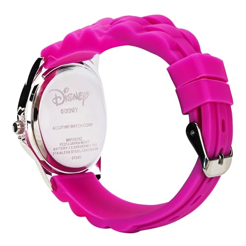 Disney Minnie Mouse Kids' Time Teacher Watch – Pink Rubber Strap, Easy-Read Analog Dial with Minnie Artwork, Enamel Bezel, Educational Watch for Girls – Fits Wrists 5.5" to 8"