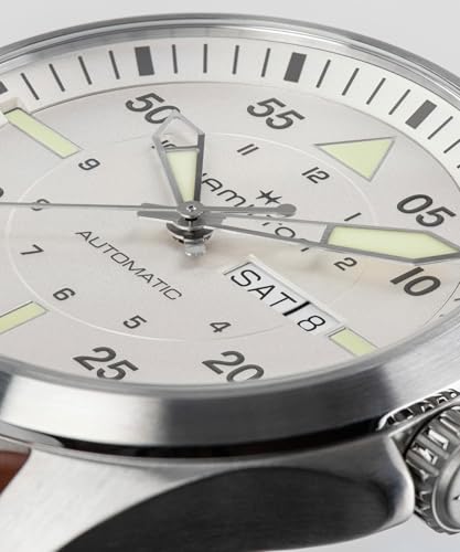 Hamilton Khaki Aviation Automatic Men's Watch, 42mm Stainless Steel Case, Swiss Made, Silver Dial Analog Wrist Watch for Men, 100m Waterproof, Sapphire Crystal, 3-Hand Movement, Calf Leather Strap