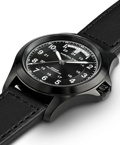 Hamilton Khaki Field King Automatic Men's Watch, 40mm Stainless Steel Case, Swiss Made, Black Dial Analog Wrist Watch for Men, 50m Waterproof, Sapphire Crystal, Calf Leather Strap