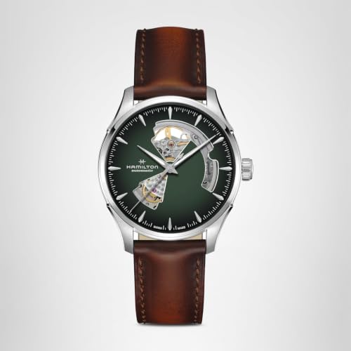Hamilton Jazzmaster Open Heart Automatic Men's Watch, 40mm Stainless Steel Case, Swiss Made, Green Dial Analog Wrist Watch, 50m Waterproof, Sapphire Crystal, 3-Hand Movement, Cow Leather Strap